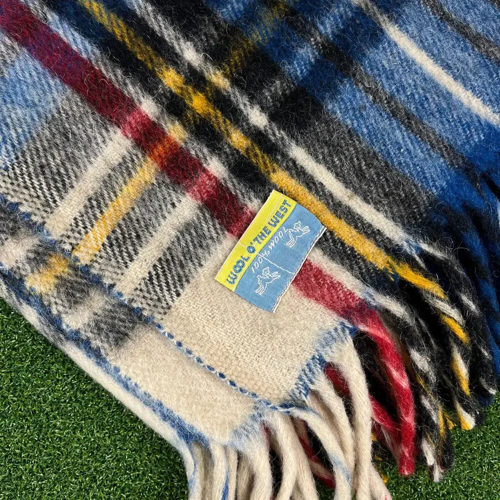 Vintage Wool O’ The West 100% Wool Plaid Throw Blanket 54x60 Fringe USA